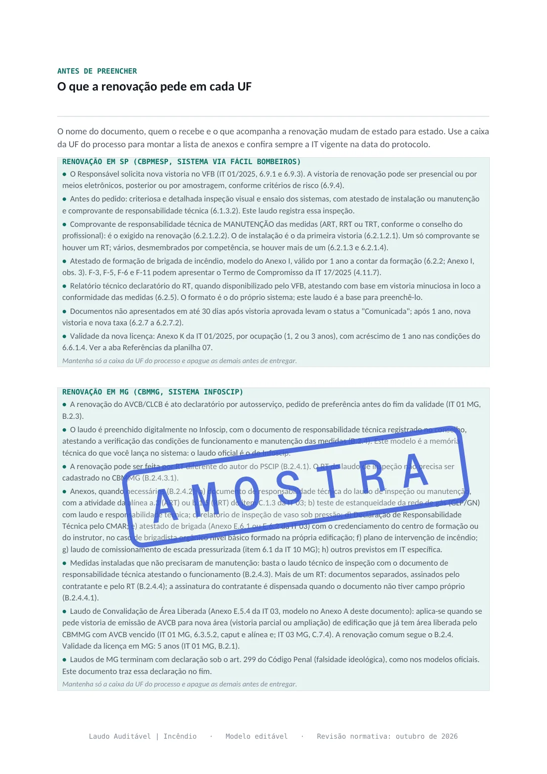 Página do Laudo de Inspeção e Manutenção com o que a renovação pede em SP, no VFB, e em MG, no Infoscip, item a item da IT