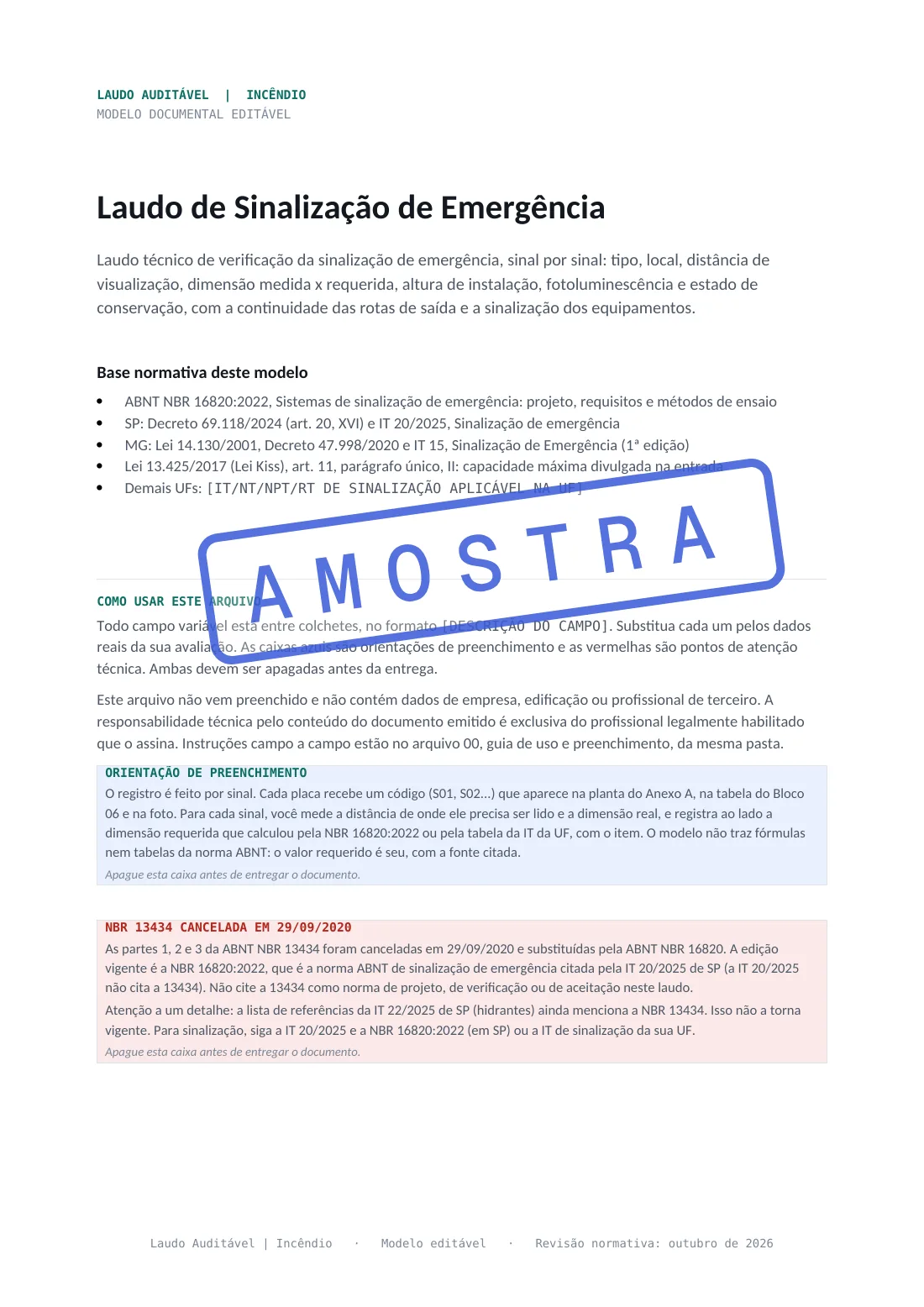 Primeira página do Laudo de Sinalização de Emergência, com a base normativa e o alerta de que a NBR 13434 foi cancelada em 29/09/2020