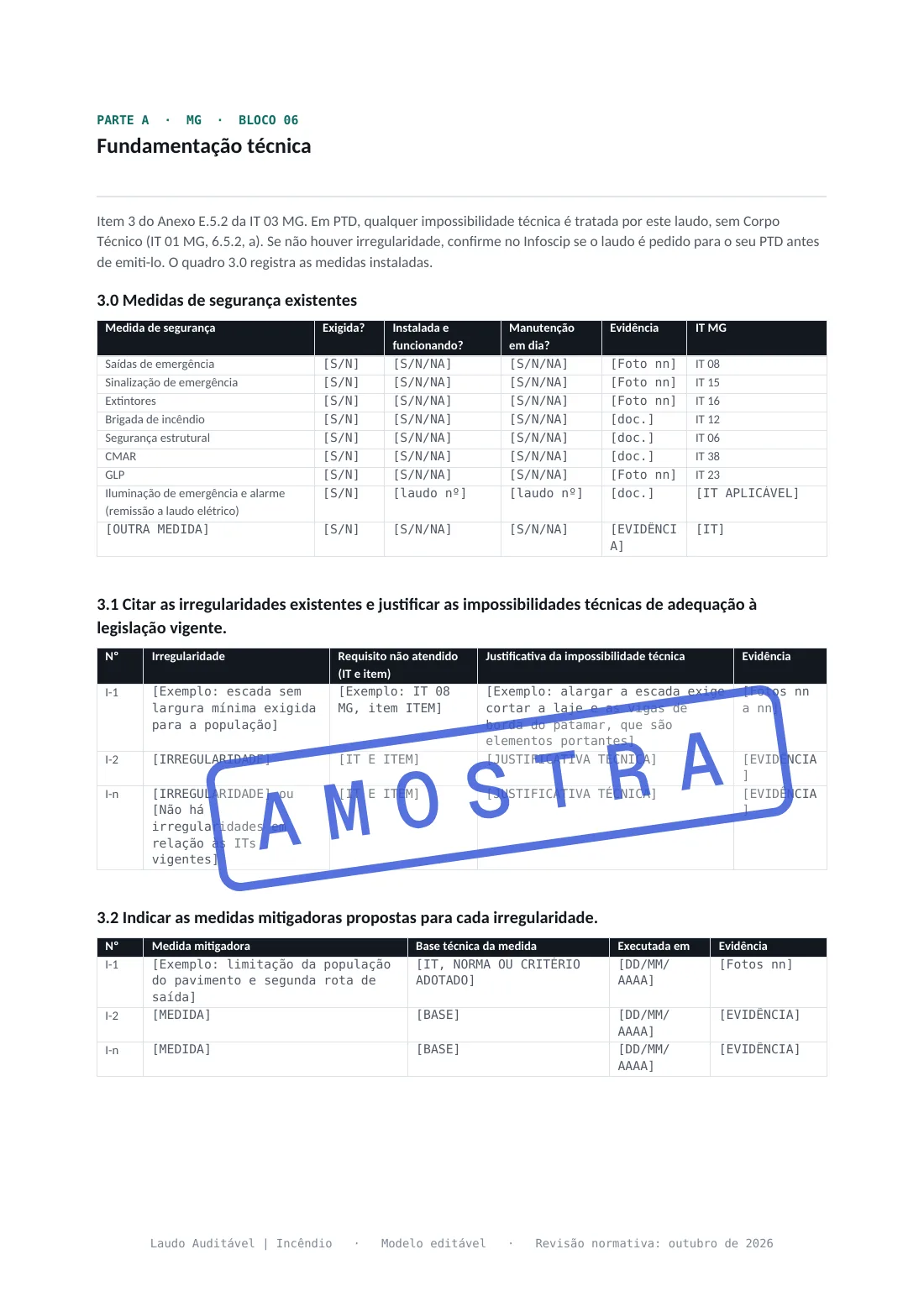 Página da fundamentação técnica do Laudo Técnico Declaratório de MG, com medidas existentes, irregularidades, justificativa da impossibilidade técnica e medidas mitigadoras